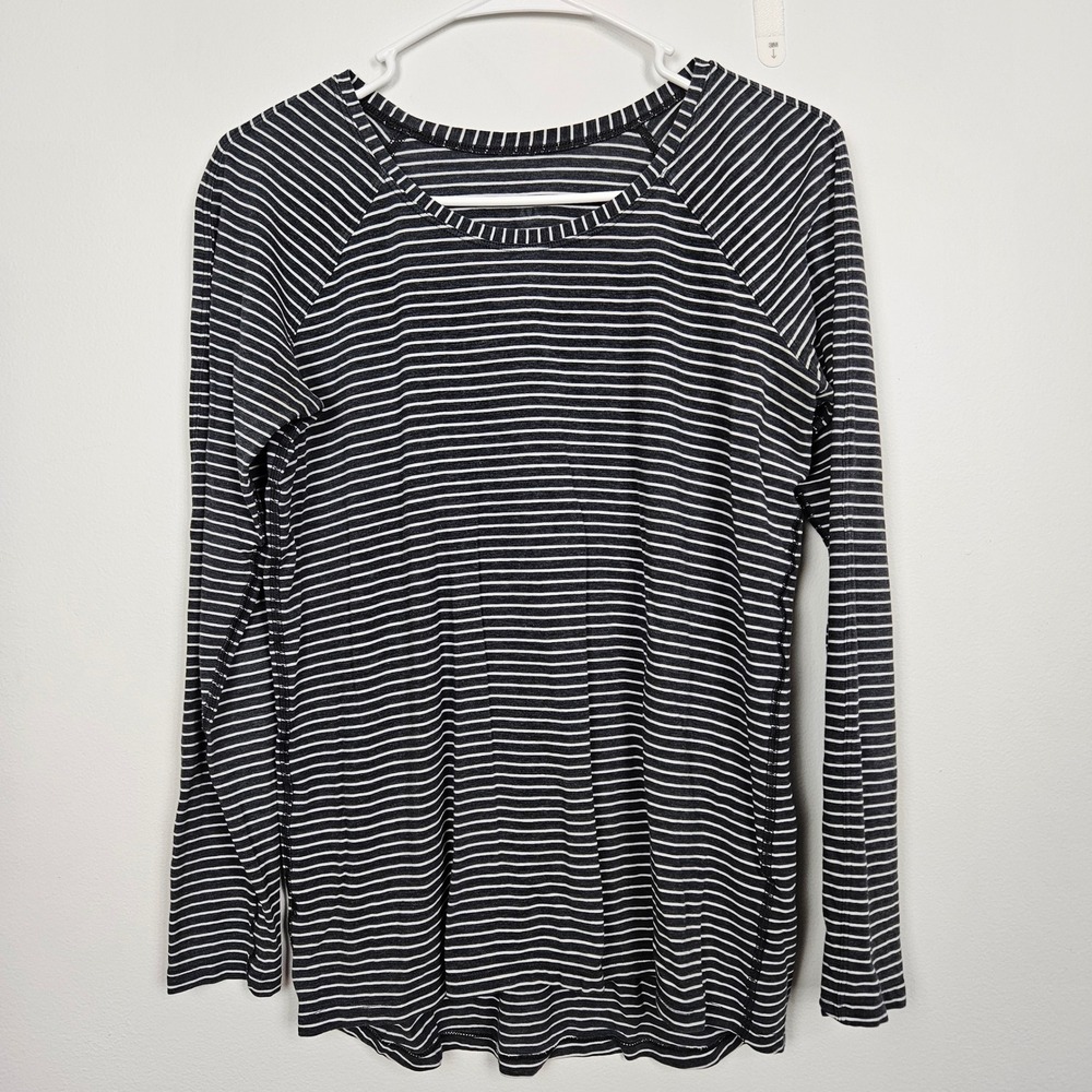 Lululemon Top Sz S Emerald Long Sleeve Stripe Heathered Black White Crew Neck
